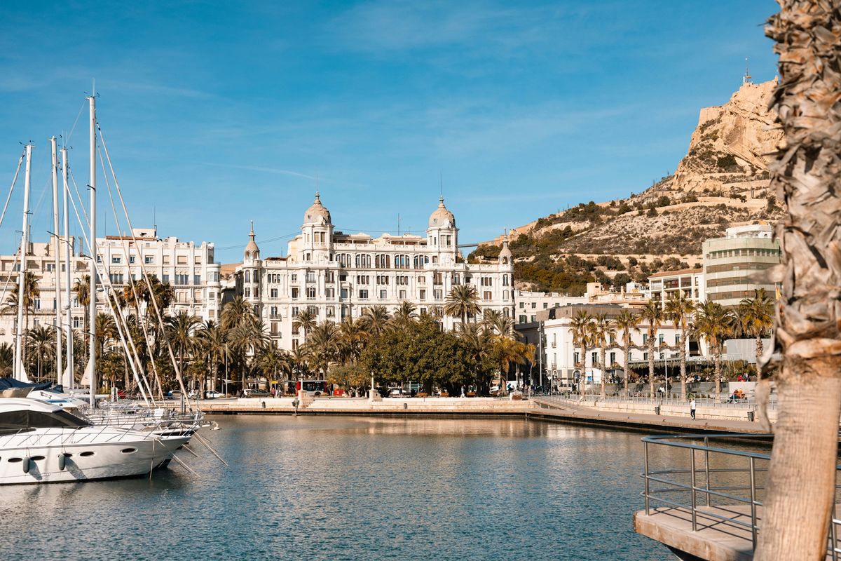 Sailboats in Alicante's marina, with a white domed building on the palm-lined waterfront and the castle rock behind