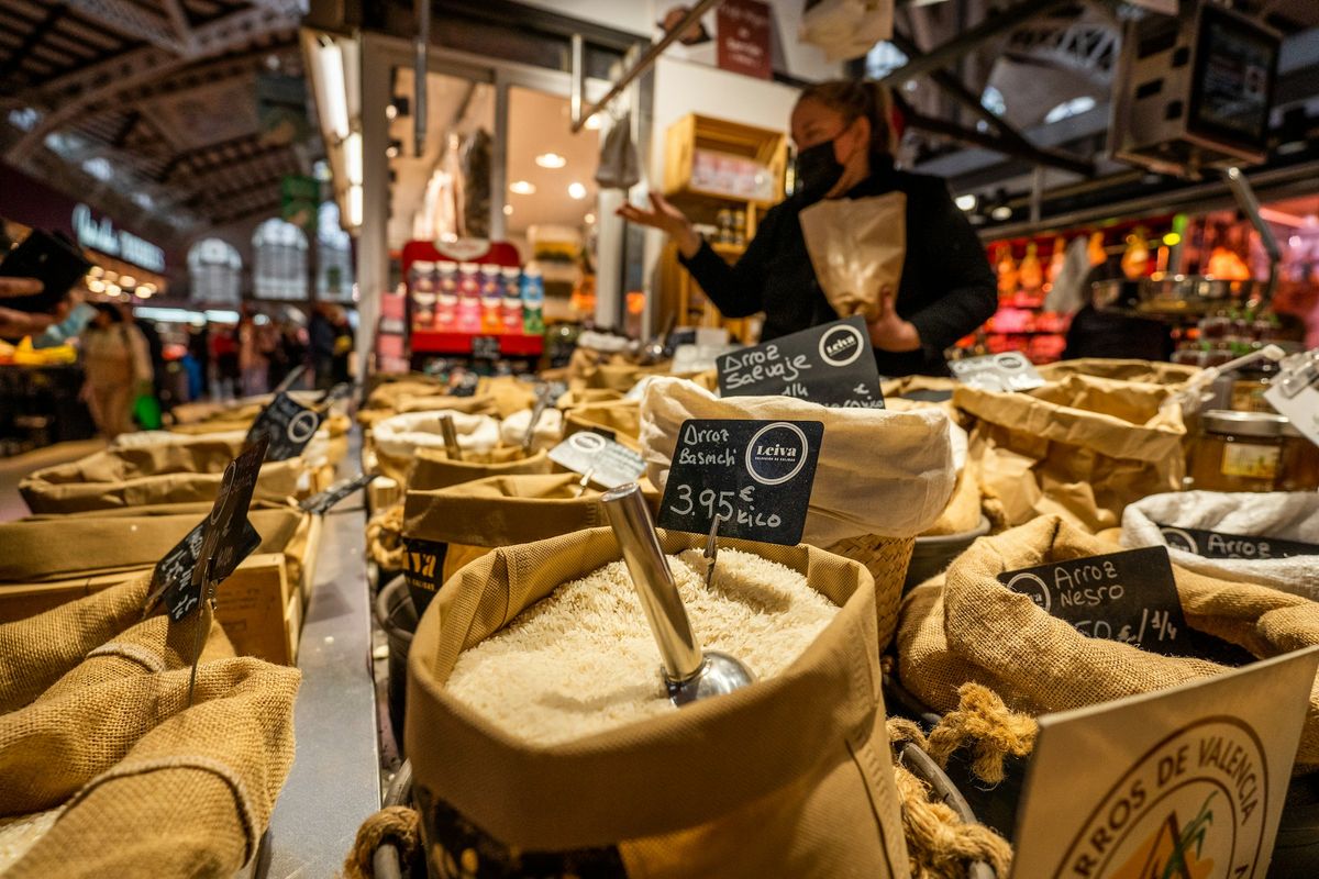 Sacks of rice at a stall in Valencia's Central Market